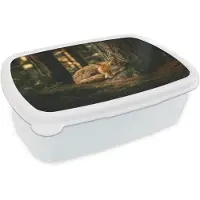 MuchoWow Broodtrommel Wit - Lunchbox Vos - Bos - Slapen - Brooddoos 18x12x6 cm - Brood lunch box - Broodtrommels voor kinderen en volwassenen
