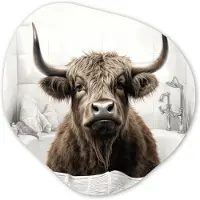 MuchoWow Organische wanddecoratie 60x60 cm - Organisch schilderij Schotse hooglander - Badkuip - Badkamer - Krant - Muurdecoratie woonkamer - Kamer decoratie - Schilderijen - Muurcirkel aesthetic