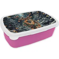 MuchoWow Broodtrommel Roze - Lunchbox Kerst - Magie - Bos - Kleurrijk - Brooddoos 18x12x6 cm - Brood lunch box - Broodtrommels voor kinderen en volwassenen