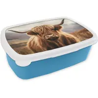 MuchoWow Broodtrommel Blauw - Lunchbox Schotse hooglander - Landschap - Dier - Brooddoos 18x12x6 cm - Brood lunch box - Broodtrommels voor kinderen en volwassenen