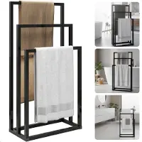 Cheqo Vrijstaand Handdoekrek - Handdoekenrek Badkamer - Metaal Handdoekrek - Mat Zwart - 3 Niveaus - Anti-Kras Viltdopjes - Industrieel Design - Handdoekrek Zonder Boren
