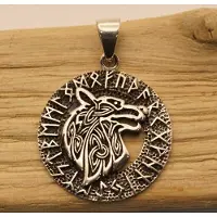 925 Zilveren hanger wolvenkop in rondje met runetekens - sterling zilveren hangers viking stijl - sieraad wolvenkop - zilveren sieraden wolven met runetekens - celtic wolvenkop hangers - stoere hangers