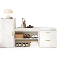 Merax Schoenenbank - 128x30x68cm - Witte Schoenenkast met 2 Lades en 1 Deur - Hoogglans Opbergkast met Kussen - Moderne Halbank met Open Schoenenrek