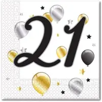 Decorata Party 40 Servetten met 21 en ballonnen en sterren - Wit - Zwart - Zilver - Goud - 33 x 33 cm - 2-Laags -