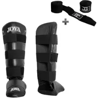 Joya “PU DE LUXE” Scheenbeschermer – Kickboksen/MMA/Muay Thai – PU Kunstleer – Zwart – M – incl. Bandage
