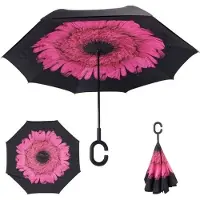 Allernieuwste.nl Smartplu - Grote Storm Paraplu - Zwart met Roze Bloem. De omkeerbare innovatieve, ergonomische stormparaplu - 105cm -parapluie - 12288-G