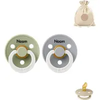 BIBS fopspenen anatomisch met naam - maat 1 - glow in the dark sage en cloud + BolleToet speenzakje