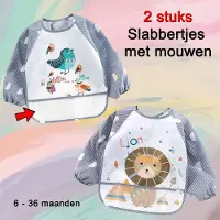 Allernieuwste.nl 2 Stuks Baby Slabbers Met Lange Mouwen Vogel & Leeuw Waterdicht Slab Kliederschort Verf Schort Slabbertje ##