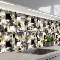 KitchenYeah Keuken achterwand 250x80 cm - Spatscherm zelfklevend Penseelstrepen - Schaduwpatronen - Zwart - Goud - Muurbeschermer - Spatwand fornuis