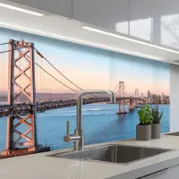 KitchenYeah Keuken achterwand 100x60 cm - Spatscherm zelfklevend Water - Brug - Skyline - Modern - Muurbeschermer - Spatwand fornuis