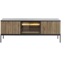 Vente-unique Tv-meubel met 3 deurtjes met ledverlichting van mdf en gerookt glas - Zwart en naturel - OVILA