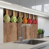 KitchenYeah Keuken achterwand 100x80 cm - Spatscherm zelfklevend Lepels - Kruiden - Hout - Muurbeschermer - Spatwand fornuis
