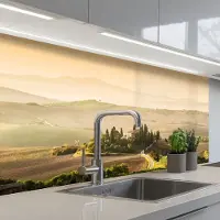 KitchenYeah Keuken achterwand 100x60 cm - Spatscherm zelfklevend Landschap - Toscane - Ochtendlicht - Muurbeschermer - Spatwand fornuis