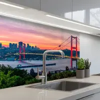 KitchenYeah Keuken achterwand 80x60 cm - Spatscherm zelfklevend Brug - Rood - Skyline - Water - Muurbeschermer - Spatwand fornuis