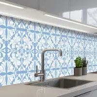 KitchenYeah Keuken achterwand 500x80 cm - Spatscherm zelfklevend Tegel - Patroon - Wit - Blauw - Muurbeschermer - Spatwand fornuis