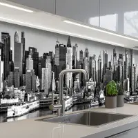 KitchenYeah Keuken achterwand 500x60 cm - Spatscherm zelfklevend Skyline - Stad - Wolkenkrabbers - Zwart - Wit - Muurbeschermer - Spatwand fornuis