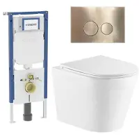 Geberit QeramiQ Dely Toiletset - 36.3x51.7cm - diepspoel - rimless - UP720 inbouwreservoir - softclose toiletzitting - geborsteld messing bedieningsplaat - ronde knoppen - wit glans