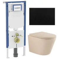 Geberit QeramiQ Dely Toiletset - 36.3x51.7cm - diepspoel - rimless - UP720 inbouwreservoir - softclose toilet zitting 35 mm - metaal mat zwarte bedieningsplaat - ronde knoppen - mat beige