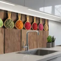 KitchenYeah Keuken achterwand 80x60 cm - Spatscherm zelfklevend Lepels - Kruiden - Hout - Muurbeschermer - Spatwand fornuis
