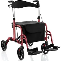 Costway Rollator Opvouwbaar en Licht met Zitting 2-In-1 Rolstoel & Reisrollator Loophulp 6-Voudig in Hoogte Verstelbaar Wandelwagen (Rood)