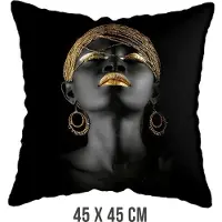 Allernieuwste.nl Kussen Afrikaanse Vrouw met Gouden Sieraden - Kussenhoes polyester peach skin Perzikhuid - Kussenovertrek - Kleur Zwart Goud 45 x 45 cm
