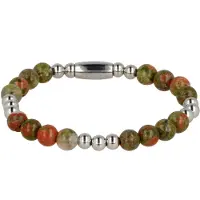 My Bendel - Damesarmband Zilverkleurig met Unakite Edelsteen Elastisch - Elastische Unakite Armband Voor Dames - Aardend & Uniek - met Luxe Cadeauverpakking | Sieraden Voor Dames | Maat L