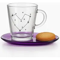 Pasabahce Thee mok met Schotel – 400 ml Glas – kop en schotel - koffie - cappuccino - Paars Ovaal Onderbord – Hart Design