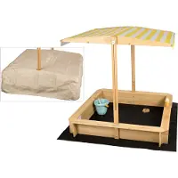 Needs&wants® need&wants zandbak met dakbank en onderstel vliesfolie, met deksel Oxford 600D, zandbak hout rechthoekig met banken buitentuin kinderen UV-zonwering, 113x113x113 cm, geel wit bruin