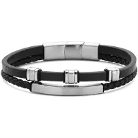 Frank 1967 7FB-0820 – – Heren Armband – Dubbele Leren Armband – Zwart – Zilverkleurig – Met Stalen Elementen