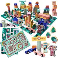 Ikonka Educatieve Houten Blokken Set Stad – 160-delig – Met Racebaan & Opbergdoos – Montessori Bouwset voor Kinderen – Duurzaam & Kleurrijk