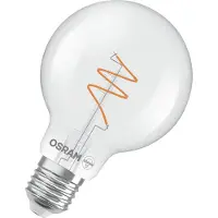 Osram Vintage 1906 Globe, warmwitte, dimbare LED-lamp in klassieke bolvorm met spiraalgloeidraad, biedt 4,6 W voor 470 lm, E27-fitting, helder gekleurd glas, diameter 80 mm.