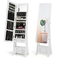 Costway Sieradenkast met spiegel, met verlichting, sieradenspiegelkast met schuifladen en inklapbare plank, ideaal voor make-up (wit)