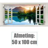 Allernieuwste.nl Canvas Schilderij Extra Venster met uitzicht Bergen en Meer - Kleur - Realistisch Raam - 50 x 100 cm