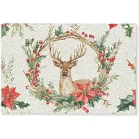 MuchoWow Deurmat 90x60 cm - Droogloopmat Kerstkrans - Hert - Hulst - Rood - Mat voor binnen - Schoonloopmat - Deurmatten met print - Inloopmat