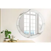 Wallfluent Bedrukte Ronde Spiegel - Ronde Spiegel Met Print Wit Marmer - 80 cm / 66 cm - Wit - Wit Ronde Wandspiegel Met Print - Woonkamerspiegel - Inloopkastspiegel - Hal - Spiegelmontageset