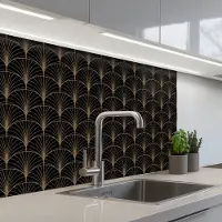 KitchenYeah Keuken achterwand 80x60 cm - Spatscherm zelfklevend Gouden - Waaiers - Zwart - Muurbeschermer - Spatwand fornuis