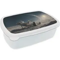 MuchoWow Broodtrommel Wit - Lunchbox Maan - Kat - Astronaut - Ruimte - Brooddoos 18x12x6 cm - Brood lunch box - Broodtrommels voor kinderen en volwassenen