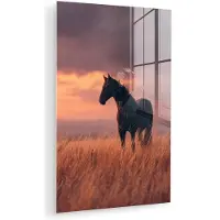 MuchoWow Glasschilderij 120x180 cm - Schilderij acrylglas - Paard - Wolken - Open veld - Foto op glas - Muurdecoratie woonkamer - Wanddecoratie slaapkamer - Schilderijen