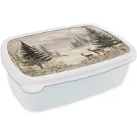 MuchoWow Broodtrommel Wit - Lunchbox Bos - Herten - Winter - Sneeuw - Brooddoos 18x12x6 cm - Brood lunch box - Broodtrommels voor kinderen en volwassenen