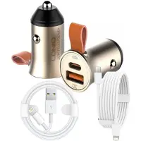 LDNIO Auto Oplader - 1x USB C naar USB C - 1x USB A Kabel (1.5M) wit & Auto Stekker - USB A & C Snel Lader 30W - PD20W/QC3.0 Autolader