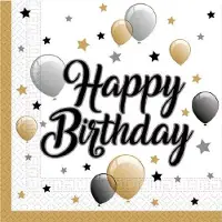 Decorata Party 40 Servetten Happy Birthday met ballonnen en sterren - Wit - Zwart - Zilver - Goud - 33 x 33 cm - 2-Laags -
