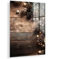 MuchoWow Glasschilderij 120x160 cm - Schilderij acrylglas - Kersthoekdecoratie - Dennenappels - Lichtjes - Foto op glas - Muurdecoratie woonkamer - Wanddecoratie slaapkamer - Schilderijen