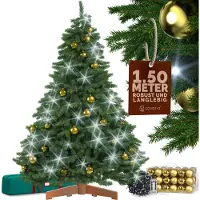 Casaria Kunstkerstboom premium 150cm + kerstballen goud + kerstverlichting koud wit