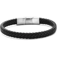 Frank 1967 7FB-0812 – – Heren Armband – Leren Armband – Zwart – 8 mm – Zilverkleurig Geborsteld
