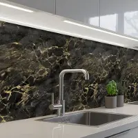 KitchenYeah Keuken achterwand 200x60 cm - Spatscherm zelfklevend Zwart - Marmer print - Goud - Nerf - Muurbeschermer - Spatwand fornuis
