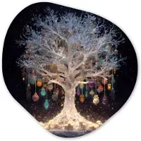 MuchoWow Organische wanddecoratie 90x90 cm - Organisch schilderij Sneeuwboom - Lichtjes - Wit - Kleurrijk - Muurdecoratie woonkamer - Kamer decoratie - Schilderijen - Muurcirkel aesthetic