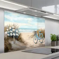 KitchenYeah Spatscherm 100x75 cm - Zelfklevende achterwand Strand - Zee - Fiets - Vintage - Bloemen - Keuken muurbeschermer - Spatwand fornuis
