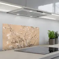 KitchenYeah Spatscherm 80x40 cm - Zelfklevende achterwand Amandelbloesem - Kunst - Van Gogh - Beige - Keuken muurbeschermer - Spatwand fornuis
