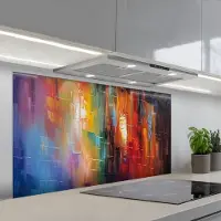 KitchenYeah Spatscherm 120x60 cm - Zelfklevende achterwand Grachtenpanden - Kunst - Schilderij - Amsterdam - Keuken muurbeschermer - Spatwand fornuis