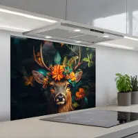 KitchenYeah Spatscherm 80x60 cm - Zelfklevende achterwand Hert - Bloemen - Natuur - Botanisch - Dier - Keuken muurbeschermer - Spatwand fornuis